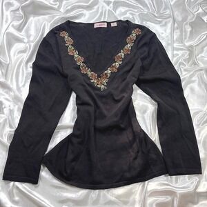 y2k Vintage Sweater Black Excellent Velvet Floral Beaded V-Neck Knit Top